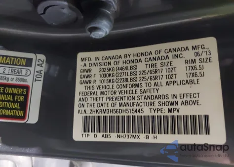 2013 Honda Cr-V Ex z USA, uszkodzony, nr VIN 2HKRM3H56DH515445